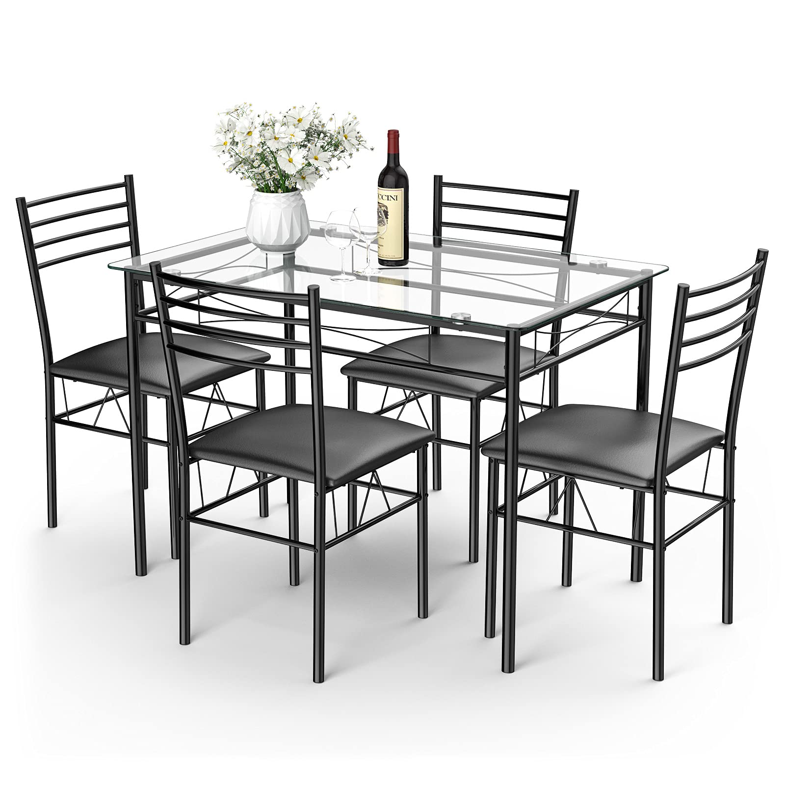 Tangkula Dining Table Set, 5 Pieces Dining Set with Tempered Glass Top Table and 4 Chairs